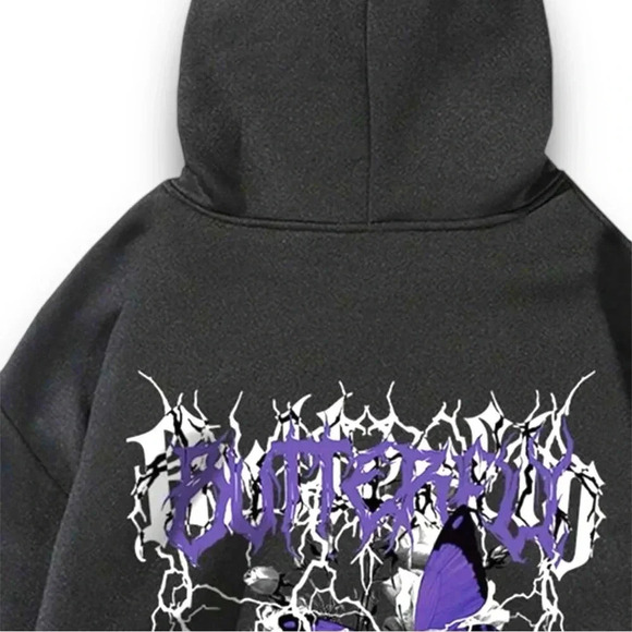 ROMWE Grunge Punk Roses & Butterfly Drawstring Hoodie with Kangaroo Pocket Sz SM - Picture 5 of 12